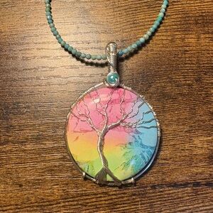 Handcrafted Rainbow Tree of Life Palm Root Pendant Necklace - Multicolor pastels